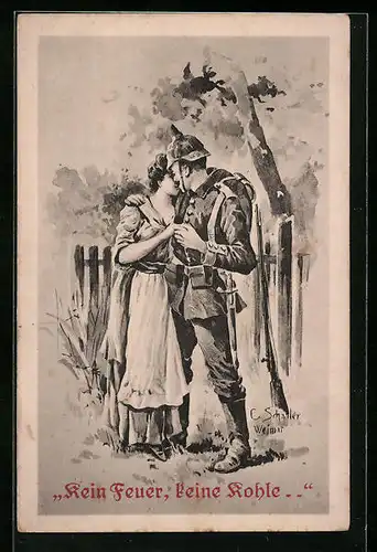 Künstler-AK Kein Feuer, keine Kohle, Soldat verabschiedet sich von seiner Gattin, Soldatenliebe