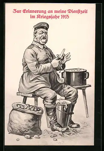 Künstler-AK sign. K. Hänsel: Soldat mit Schirmmütze beim Kartoffelschälen
