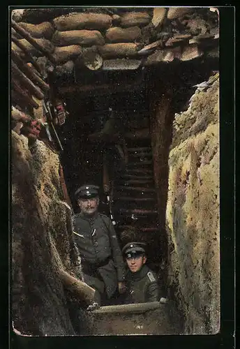 AK Feldgraue am Eingang zum bombensicheren Unterstand