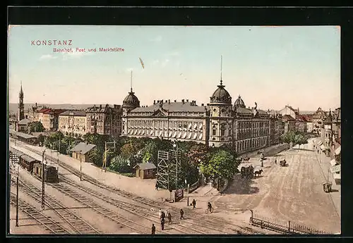AK Konstanz, Bahnhof, Post und Marktstätte