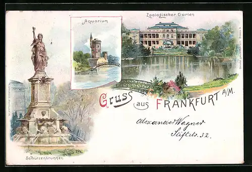 Lithographie Frankfurt-Ostend, Zoologischer Garten, Aquarium, Schützenbrunnen