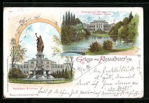 Lithographie Frankfurt a. M., Zoologischer Garten mit Concert-Haus, Schützen-Brunnen