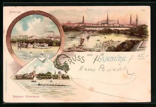 Lithographie Hamburg, Fährhaus Uhlenhorst, Alster, Alsterlust