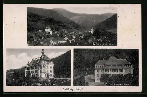 AK Sulzburg / Baden, Schulhaus, Städt. Krankenhaus, Panorama