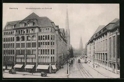 AK Hamburg, Mönckebergstrasse mit Rathaus