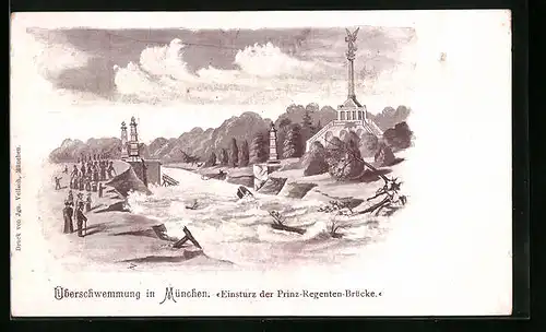 Lithographie München, Einsturz der Prinz-Regenten-Brücke