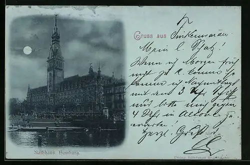 Mondschein-AK Hamburg, Rathaus vom Wasser gesehen