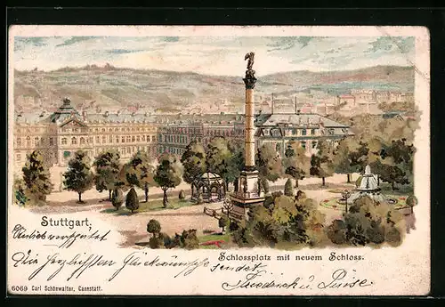 Lithographie Stuttgart, Schlossplatz mit neuem Schloss