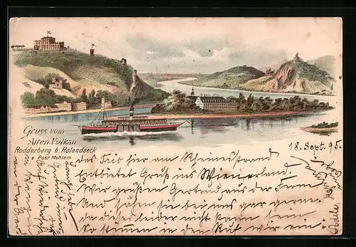 Vorläufer-AK Rodderberg, 1895, Panorama mit Gasthaus zum Alten Vulkan