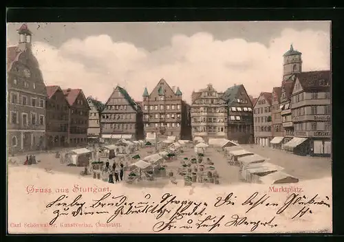 AK Stuttgart, Marktplatz mit Ständen
