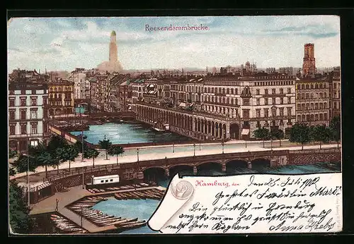 Lithographie Hamburg, Panorama mit Reesendammbrücke