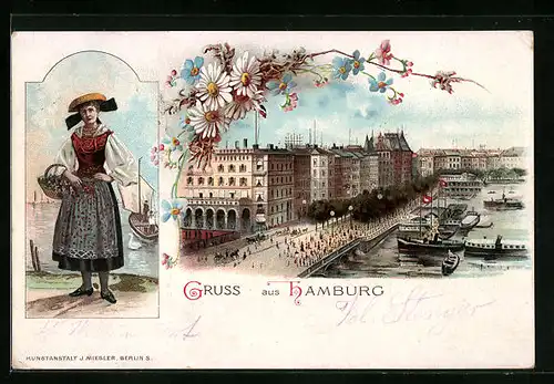 Lithographie Hamburg, Strassenpartie aus der Vogelschau, Dame in Tracht