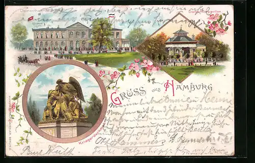 Lithographie Hamburg, Dammthor-Bahnhof, Kriegerdenkmal, Pavillon