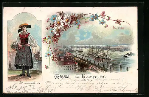 Lithographie Hamburg-Harburg, Hafen, Frau in Tracht