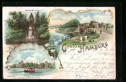 AK Hamburg, Uhlenhorster Fährhaus, Schiller-Denkmal, Partie an der schönen Aussicht