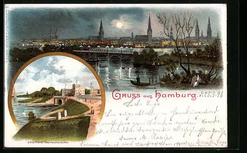 Lithographie Hamburg, Uhlenhorst mit Feenteichbrücke, Panorama bei Nacht