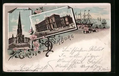 Lithographie Hamburg, Börse, St. Nicolai-Kirche