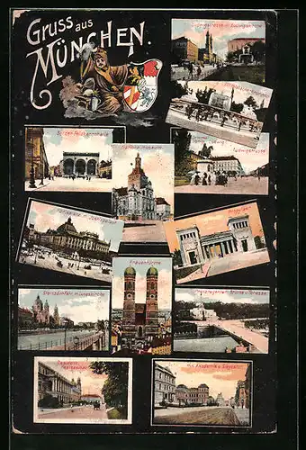 AK München, Kindl, Wappen, Frauentürme, Nationalmuseum