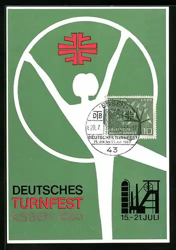 Künstler-AK Essen, Deutsches Turnfest 1963 - Turnerfigur mit Reif, Zeche