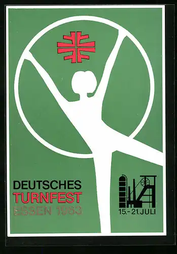 Künstler-AK Essen, Deutsches Turnfest 1963 - Turnerfigur mit Reif, Zeche