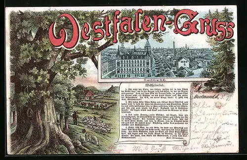 Lithographie Dortmund, Teilansicht, Strassenpartie und Hirte mit Schafen, Westfalenlied