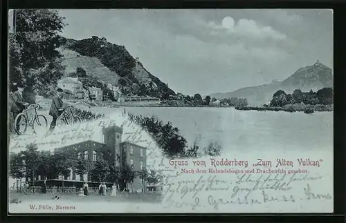 Mondschein-AK Rodderberg, Gasthaus Zum Alten Vulkan nach dem Rolandsbogen und Drachenfels gesehen