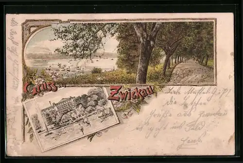 Lithographie Zwickau, Schloss und Schwanenteich