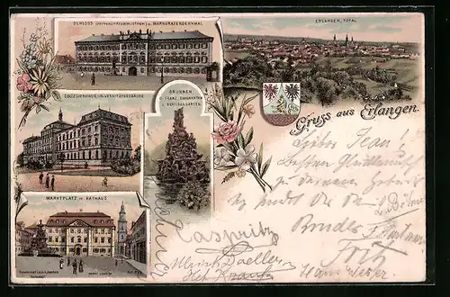 Lithographie Erlangen, Schloss und Markgrafendenkmal, Marktplatz mit Rathaus, Totalansicht