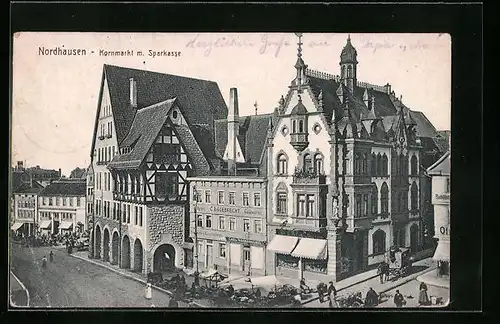 AK Nordhausen, Strassenpartie am Kornmarkt mit Sparkasse