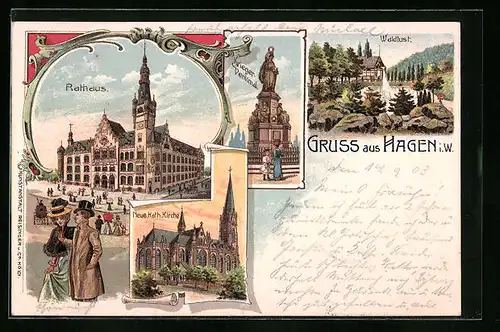 Lithographie Hagen i. W., Rathaus, Kriegerdenkmal, Waldlust, Neue kath. Kirche