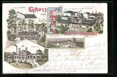 Lithographie Bad U.-Königsborn, H. auf`m Kampe, Kurgarten, Kurhaus und Thetaer, Badehaus