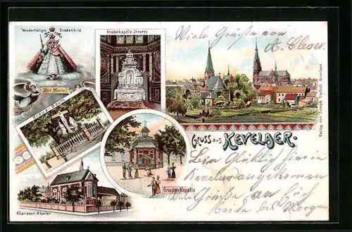 Lithographie Kevelaer, Gnadenkapelle mit Gnadenbild, Klarissenkloster, Totalansicht