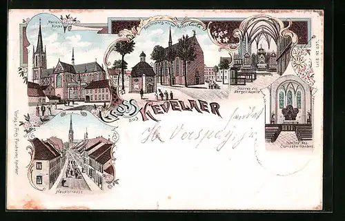 Lithographie Kevelaer, Marienkirche, Kerzerkapelle, Hauptstrasse