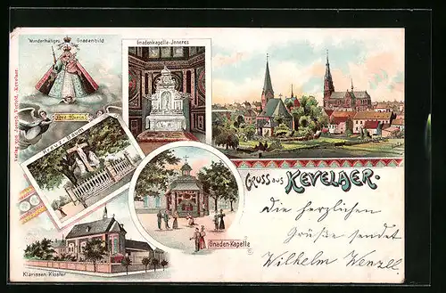 Lithographie Kevelaer, Gnadenmutter mit Gnadenkapelle, Klarissen-Kloster, Totalansicht