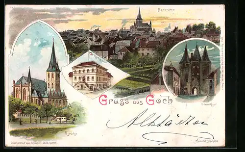 Lithographie Goch, Kirche, Rathaus, Panorama, Steintor