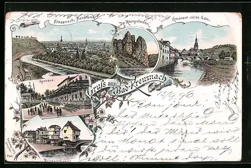 Lithographie Bad-Kreuznach, Kurhaus, Der Rheingrafenstein, Brückenhäuser, Panorama