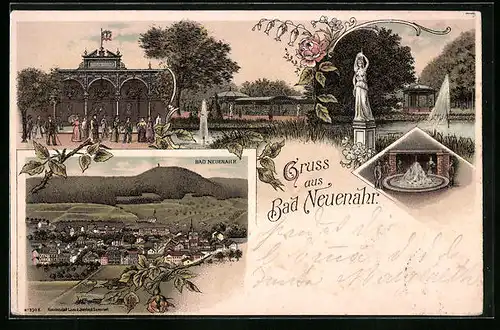 Lithographie Bad Neuenahr, Kurhaus mit Pavillon, Totalansicht