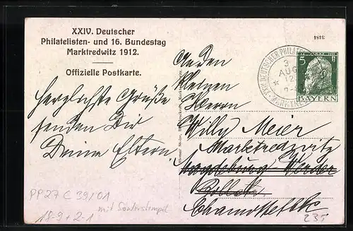 AK Ganzsache Bayern PP27C39 /01: Marktredwitz, XXIV. Deutscher Philatelistentag 1912 mit Sonderstempel