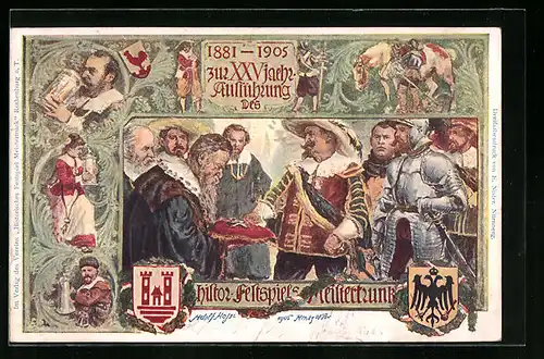 Künstler-AK Ganzsache Bayern PP15C89: Rothenburg o. T., XXV.jährig. Aufführung des Festspiels Meistertrunk 1905