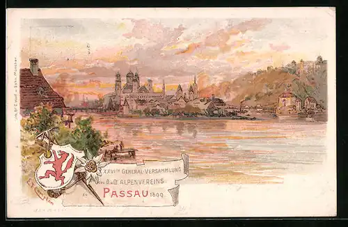 Lithographie Ganzsache Bayern PP15C13: Passau, 26. General-Versammlung des Alpenvereins 1899, Panorama