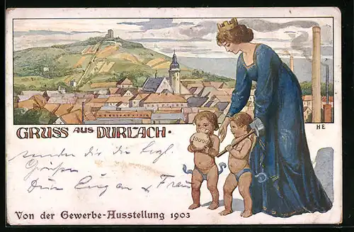 Künstler-AK Durlach, Gewerbe-Ausstellung 1903, Panorama