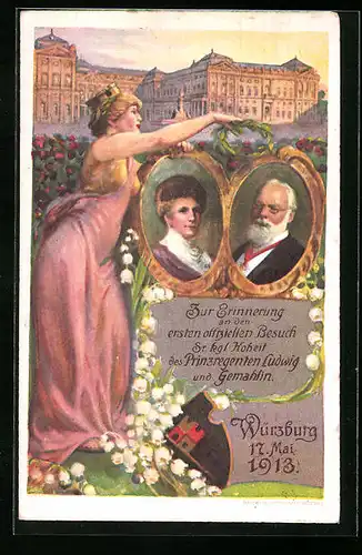 Künstler-AK Ganzsache Bayern PP27C94: Würzburg, Besuch des Prinzregenten Ludwig und seiner Gemahlin 17.5.1913