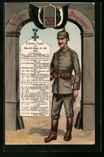 AK Jüterbog, Ehren-Tafel des Res.-Inf.-Regiments Nr. 269, Soldat in Uniform