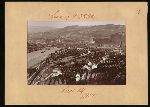 Fotografie Brück & Sohn Meissen, Ansicht Aussig, Stadtansicht mit Eisenbahn-Anlagen & Güterbahnhof