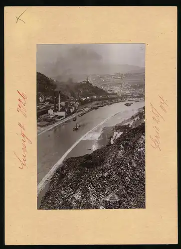 Fotografie Brück & Sohn Meissen, Ansicht Aussig, Panorama vom Schreckenstein mit Dampfschiff