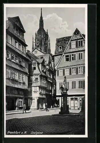 AK Frankfurt a. M., Saalgasse mit Denkmal