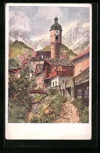 Künstler-AK Innsbruck-Hötting, Ortsansicht mit Kirche