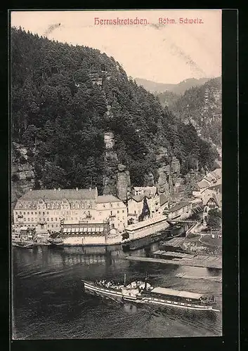 AK Herrnskretschen /Böhm. Schweiz, Ortsansicht mit Ausflugsdampfer