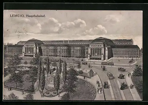 AK Leipzig, Hauptbahnhof mit Strassenbahnen