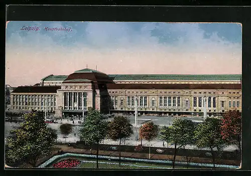 AK Leipzig, Hauptbahnhof mit Vorplatz und Park